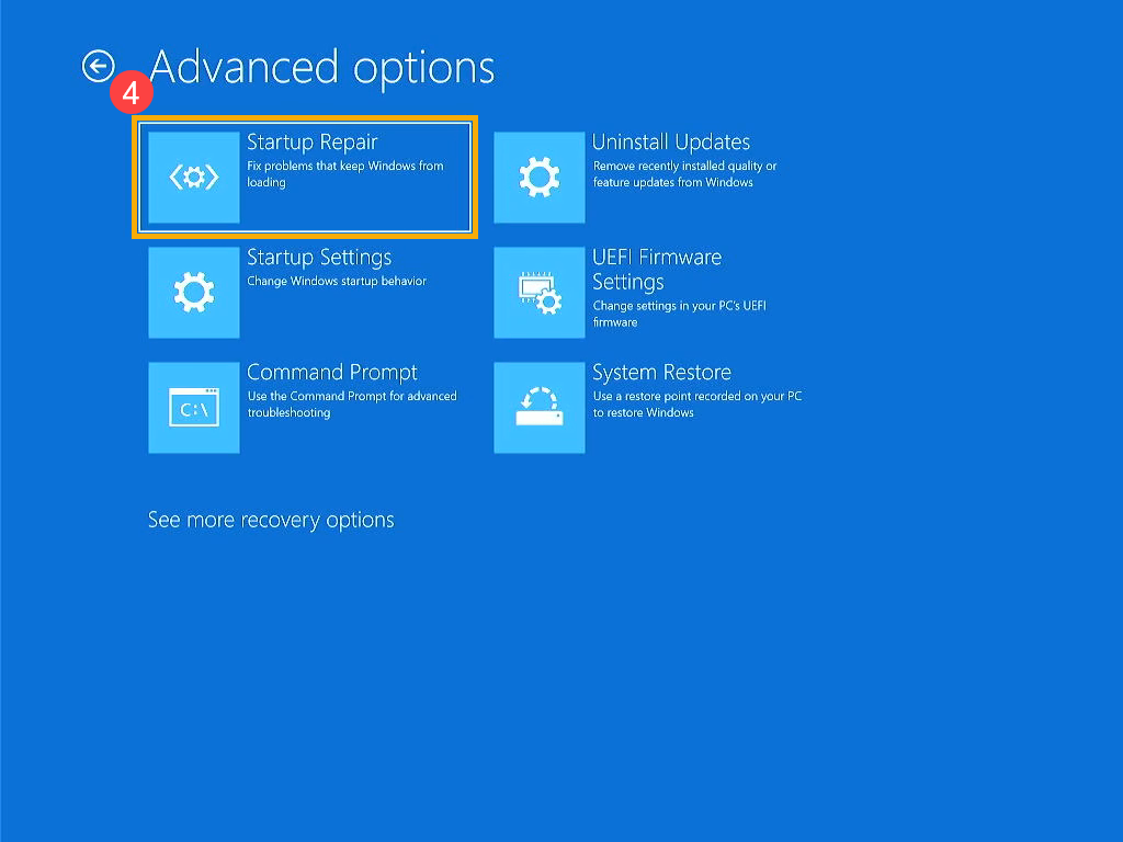 Меню дополнительных параметров в WinRE для исправления ошибок загрузки