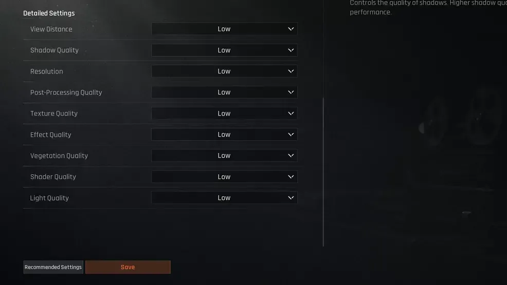 Интерфейс настроек графики Arena Breakout