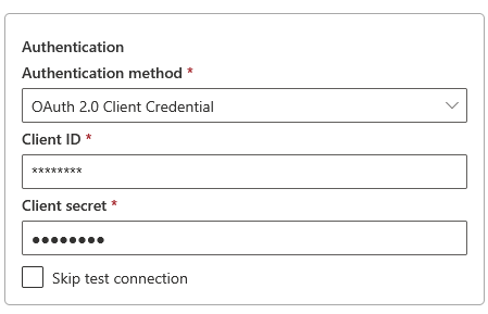 Скриншот вкладки Source в Copy Data активности Fabric с выбранным динамическим Connection (Salesforce Service Cloud), без полей Client ID и Client Secret