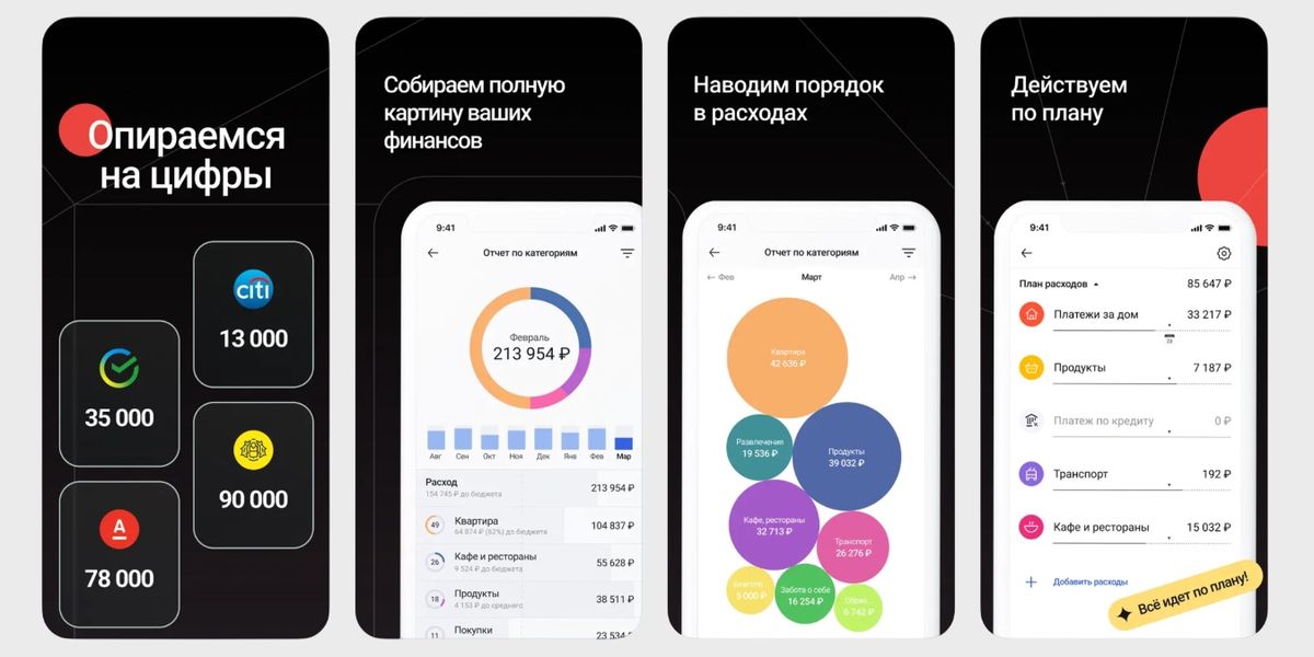 Скриншот интерфейса Дзен-мани с балансом, категориями и графиками расходов