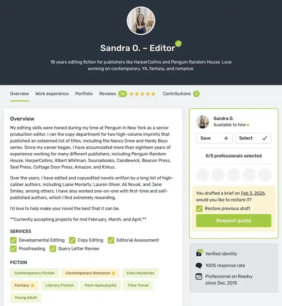 Интерфейс платформы Reedsy для поиска редакторов с фильтрами по специализации и цене