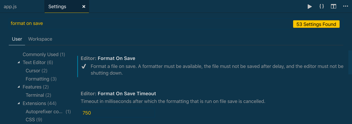 Интерфейс настроек VS Code для управления форматированием кода