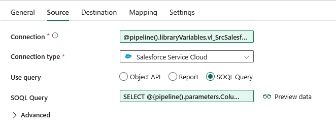 Скриншот библиотеки переменных в Fabric с Connection ID для параметризации коннекторов