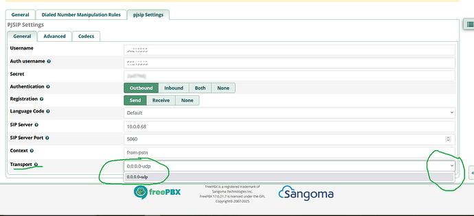 Скриншот списка PJSIP-транспортов в FreePBX 17 с опциями UDP по интерфейсам (включая ens19)