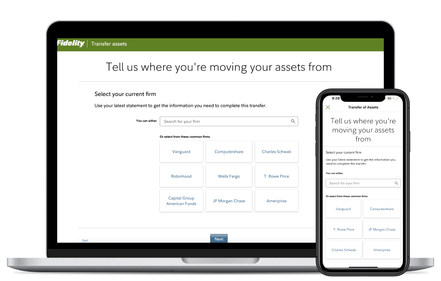 Интерфейс Fidelity для запуска перевода инвестиций или пенсионных счетов
