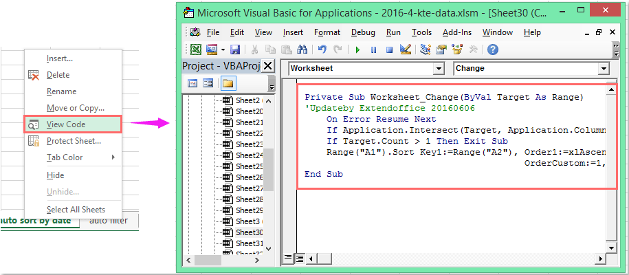 Скриншот VBA-редактора с кодом Worksheet_Change для авто-сортировки дат в Excel