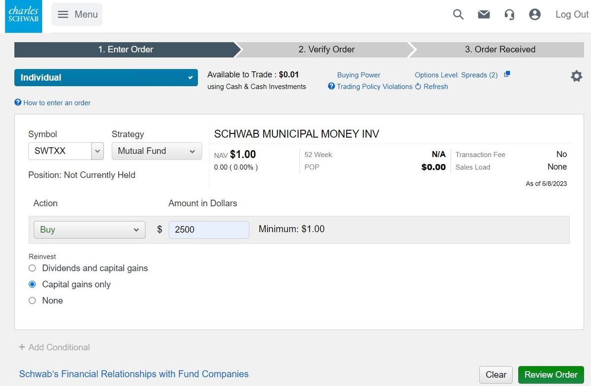 Таблица ставок по money market funds Charles Schwab