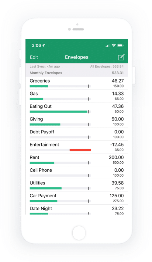 Интерфейс приложения Goodbudget на iPhone с категориями расходов
