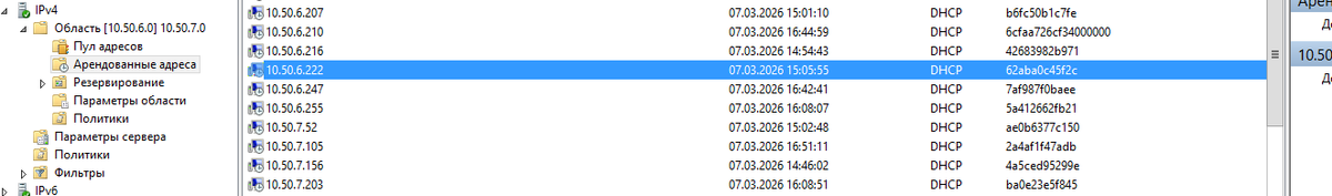 Скриншот консоли DHCP с арендами адресов без имени хоста