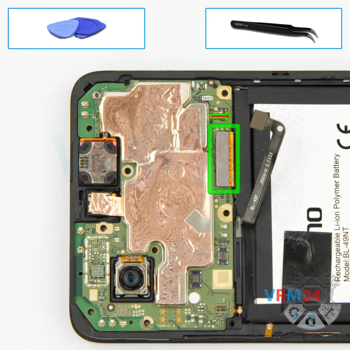 Отключение разъема шлейфа дисплея на материнской плате Tecno Spark Go 2024, аналогичной модели Spark 30C