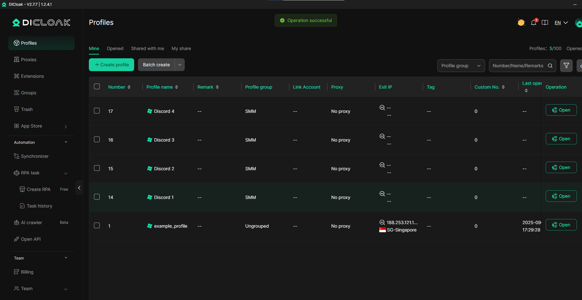 Скриншот интерфейса DICloak для управления аккаунтами Discord