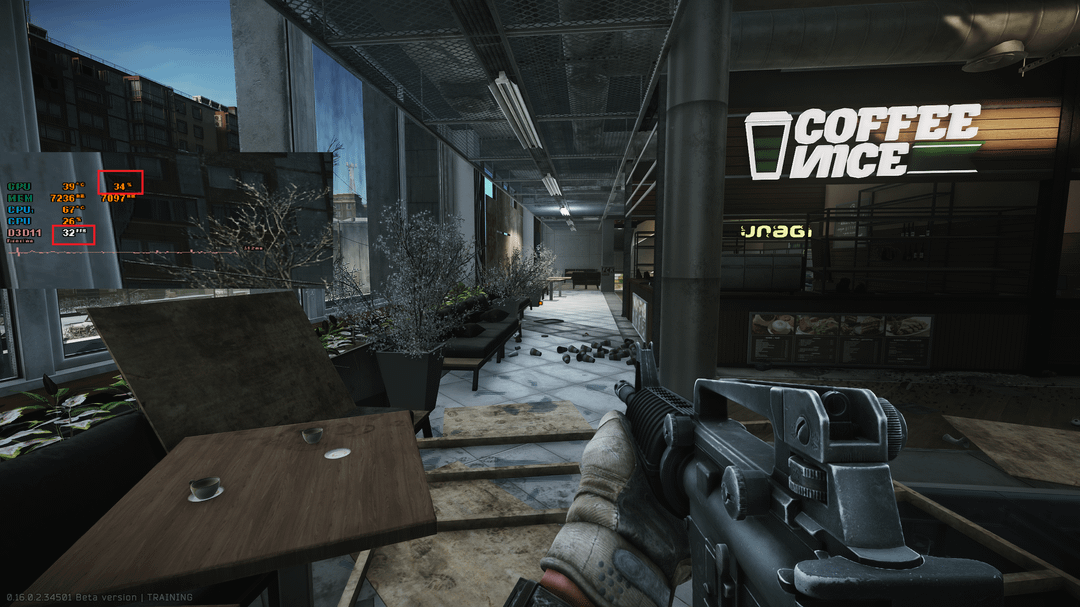 Скриншот мониторинга производительности в Escape from Tarkov с низкой загрузкой GPU и CPU при низком FPS