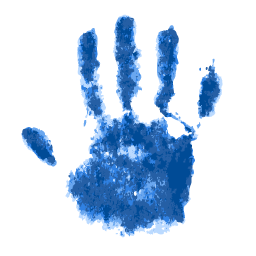 Синий акварельный отпечаток ладони с видимым большим пальцем и деталями пальцев на белом круглом фоне