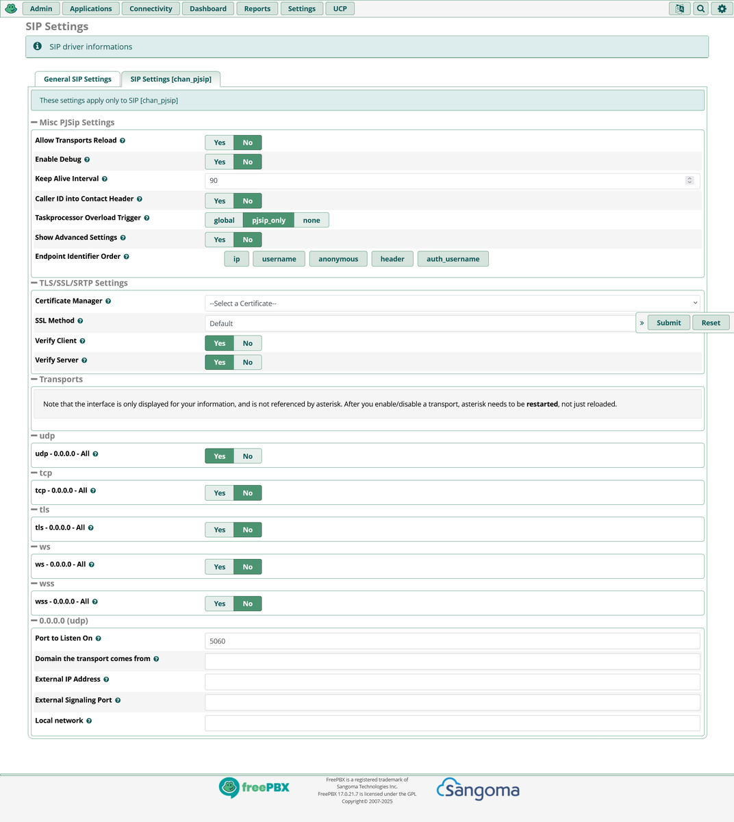 Скриншот расширенных настроек PJSIP-транспортов с перечнем интерфейсов (ens19 включён) после Show Advanced Settings