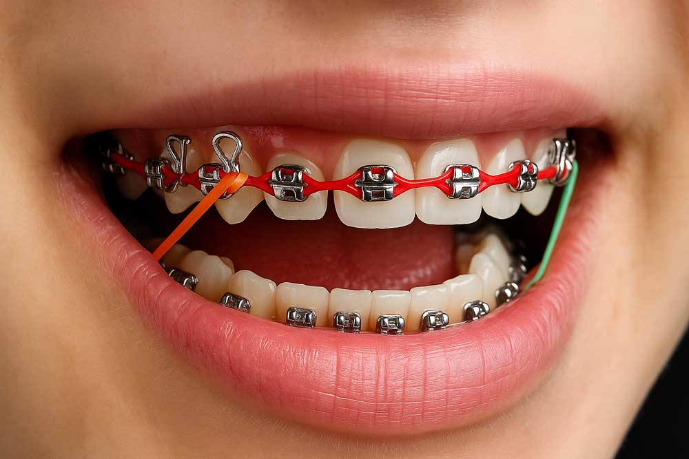 Пример крепления эластиков на брекетах с крючками