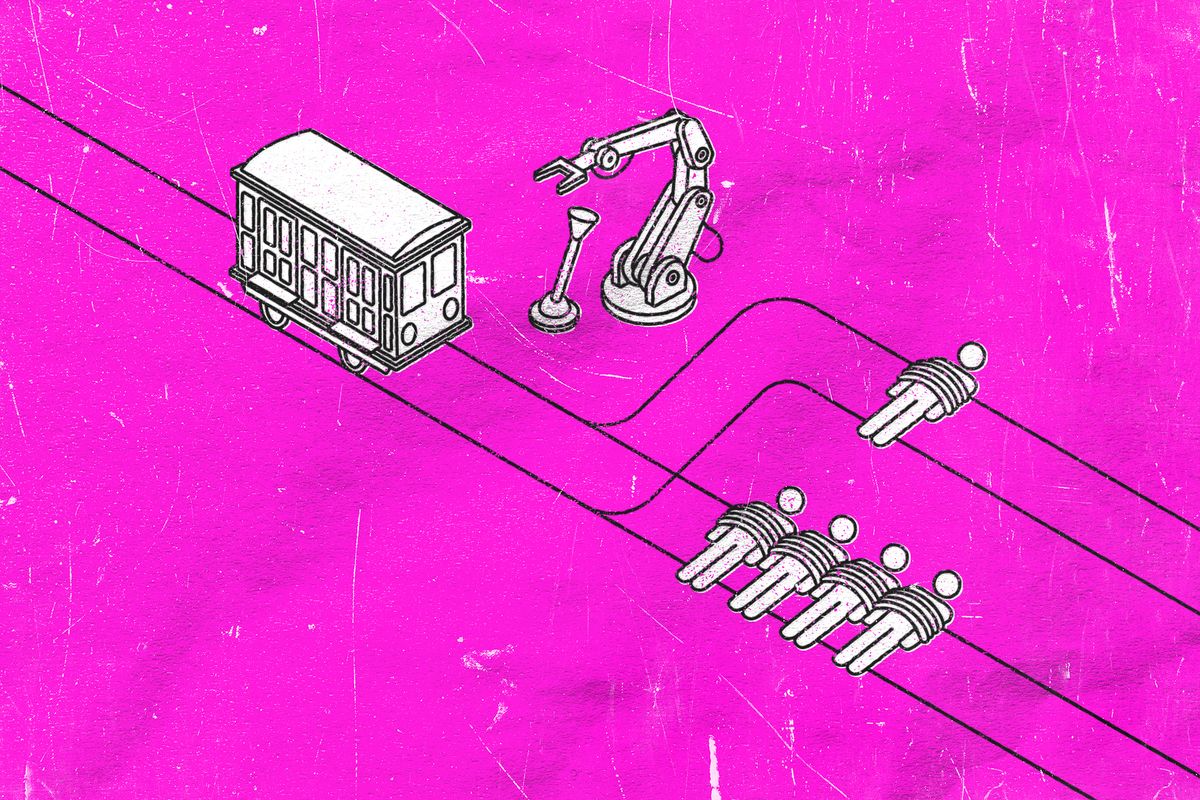 Иллюстрация этических дилемм ИИ, таких как трамвайная проблема