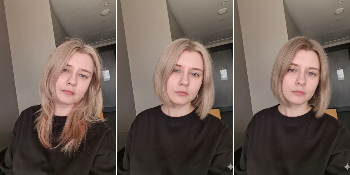 Две итерации редактирования причёски в Nano Banana