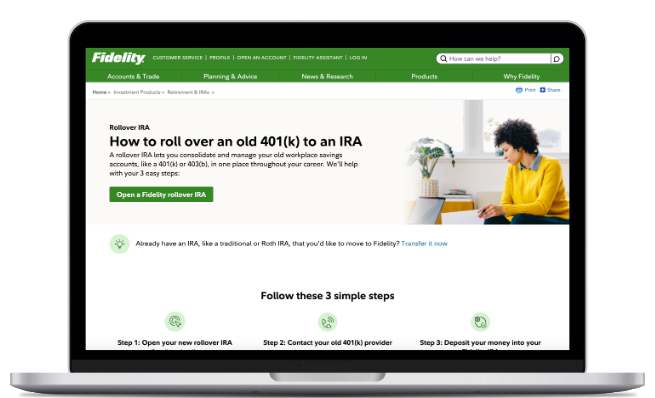 Скриншот экрана Fidelity для выбора типа IRA при переводе или rollover