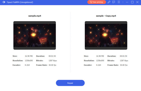 Интерфейс ремонта видео в Tipard для восстановления тихого звука из TikTok