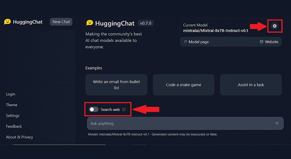 Интерфейс HuggingChat с моделями Mixtral/Code LLaMA для генерации кода
