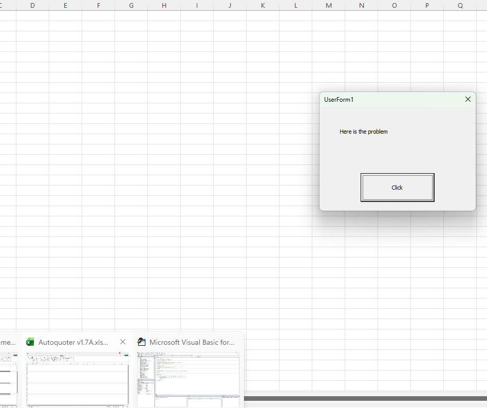 Скриншот загромождённого превью панели задач с множеством скрытых UserForms