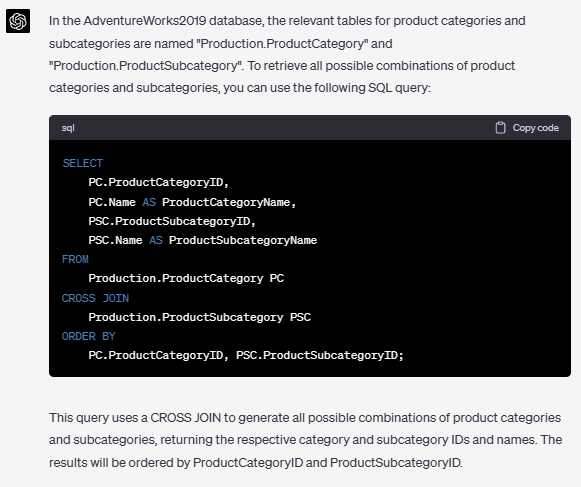 Скриншот результата CROSS JOIN запроса в SQL Server, показывающий комбинации категорий и подкатегорий продуктов