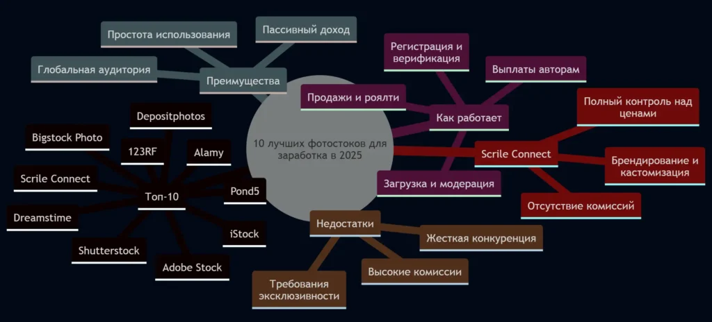 Ментальная карта топ-10 фотостоков для заработка: Shutterstock, Depositphotos, Lori с роялти и доступностью для РФ/Крыма