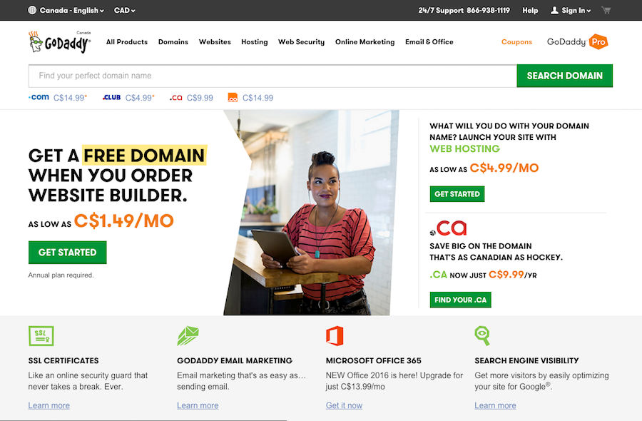 Скриншот сайта GoDaddy 2016