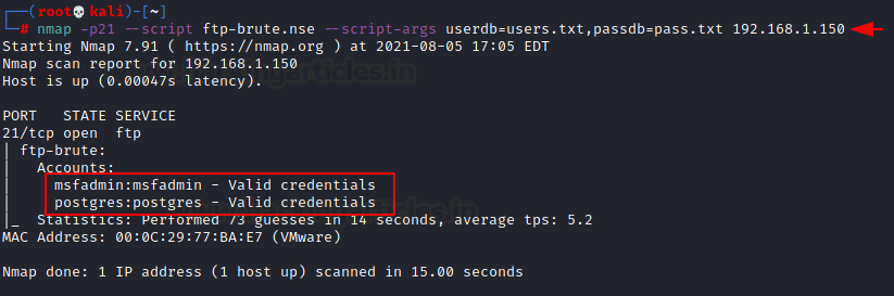 Пример команды для подбора паролей FTP