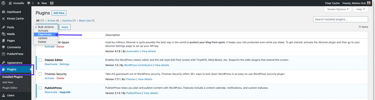 Скриншот деактивации всех плагинов