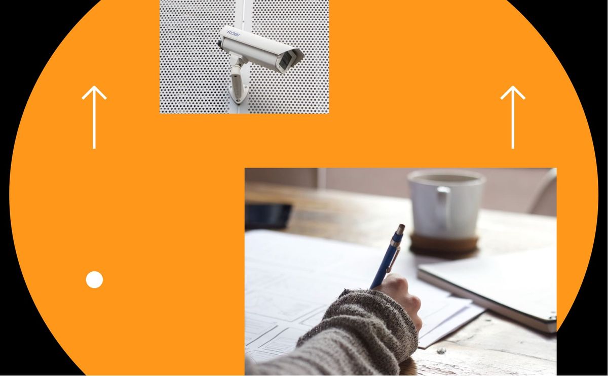 Иллюстрация онлайн-прокторинга: студент за компьютером с веб-камерой и мониторингом экрана