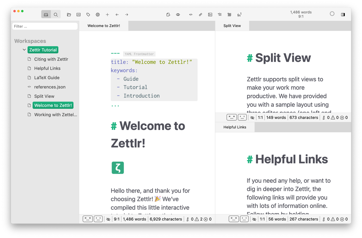Основной интерфейс Zettlr