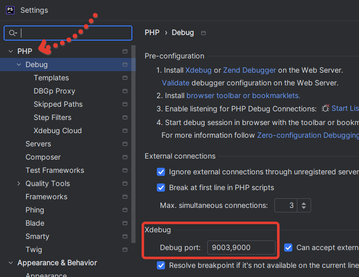 Настройки секции Debug в PhpStorm для Xdebug