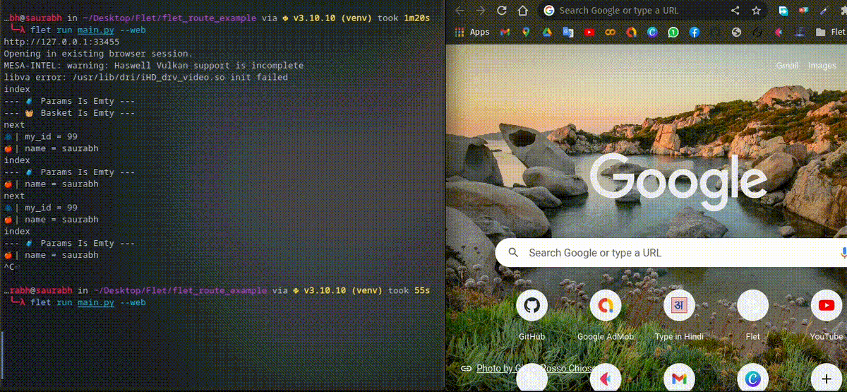 Демонстрация маршрутизации в Flet приложении
