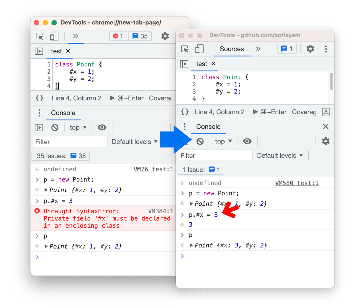 Скриншот консоли Chrome DevTools с оценкой выражения приватного поля класса