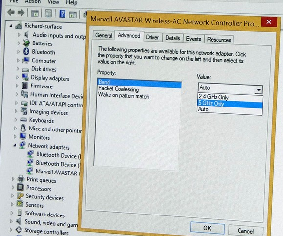 Настройки диапазона работы Wi-Fi адаптера в свойствах драйвера Windows