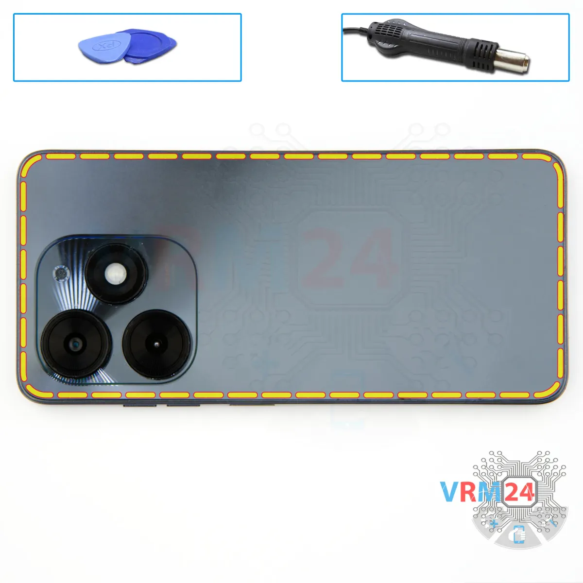 Нагрев задней крышки Tecno Spark Go 2024 для отделения клея, процесс аналогичен Spark 30C